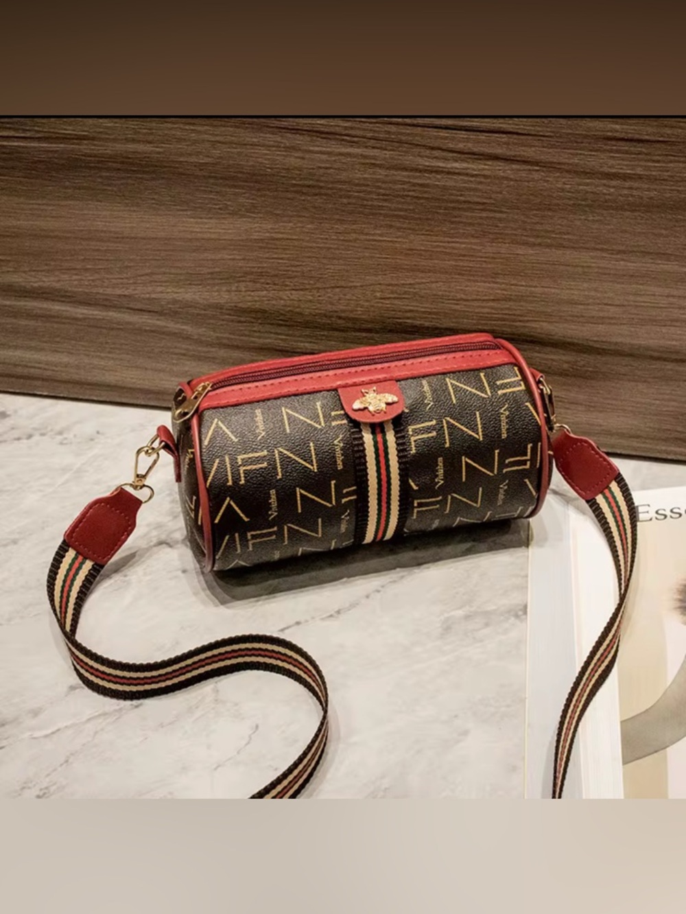 Monogram Bee Accent Barrel Crossbody Bag - Red /Brown NIP